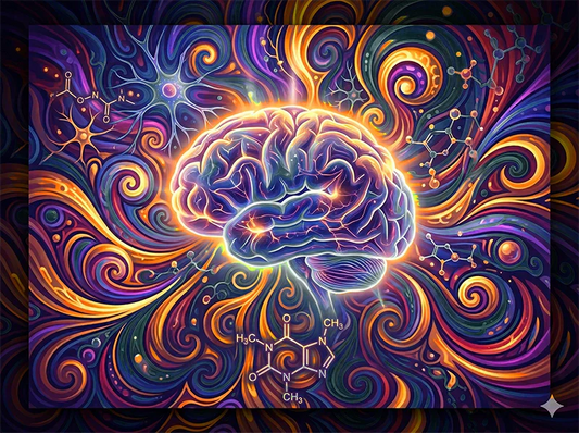A psychedelic glowing brain with chemical structures of L-Theanine, Citicoline, and L-Tyrosine representing Rare Breed Brain Waves functional coffee