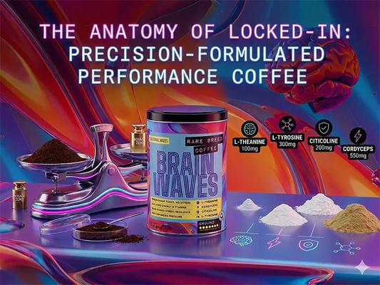 Brain Waves Coffee with a scale measuring the ingredients of L-Theanine, Citicoline, and L-Tyrosine representing Rare Breed Brain Waves functional coffee.